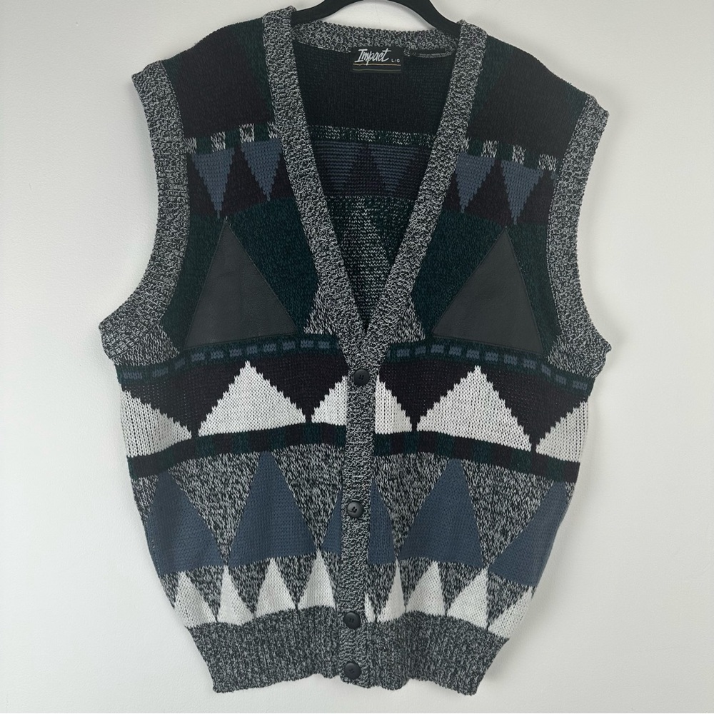 Impact Men's Sweater Vest‎ Size Large Leather Gray Geometric Vintage Grandpa